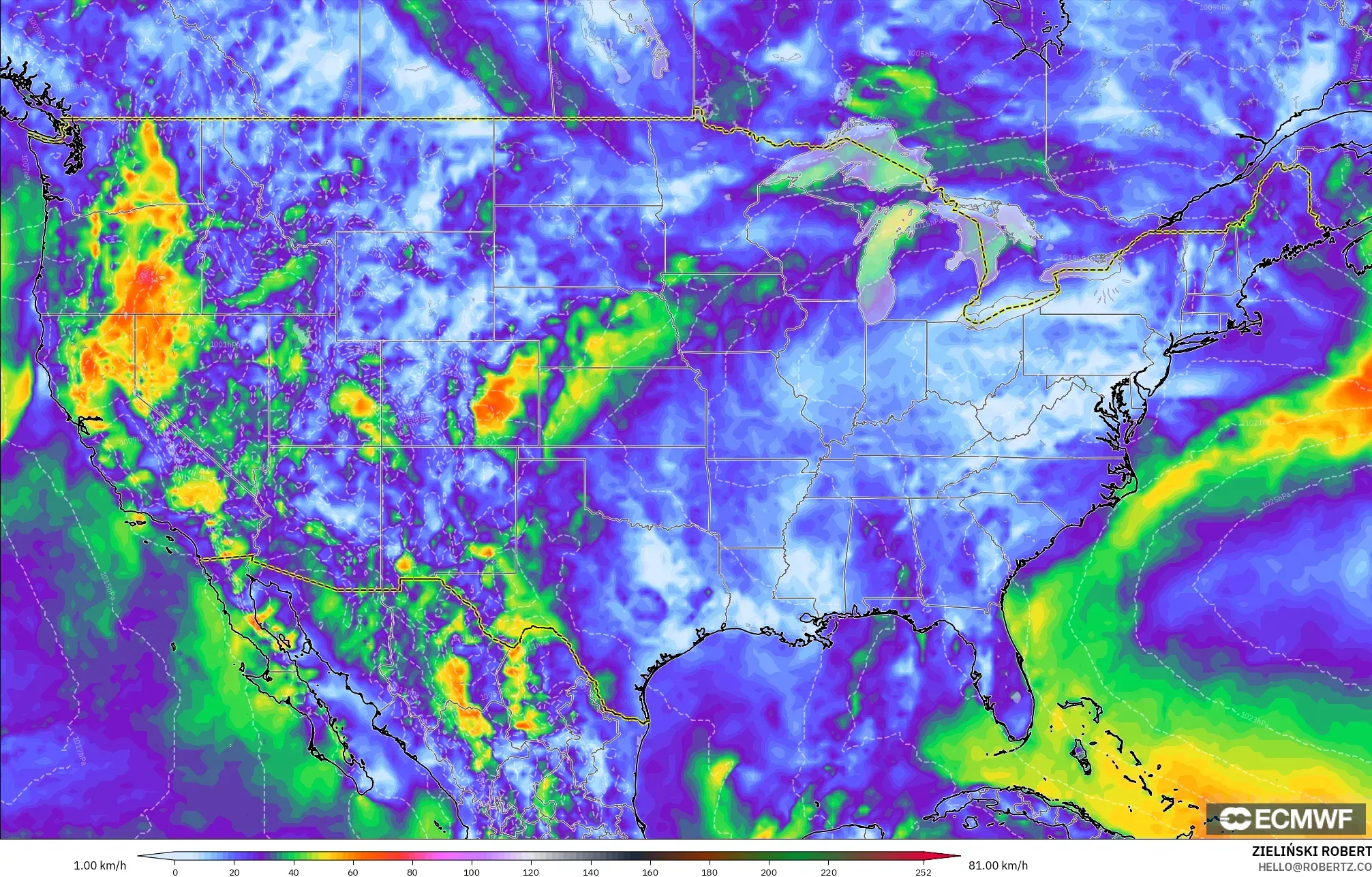 ECMWF IFS 0.25° model - United States, Wind Gusts