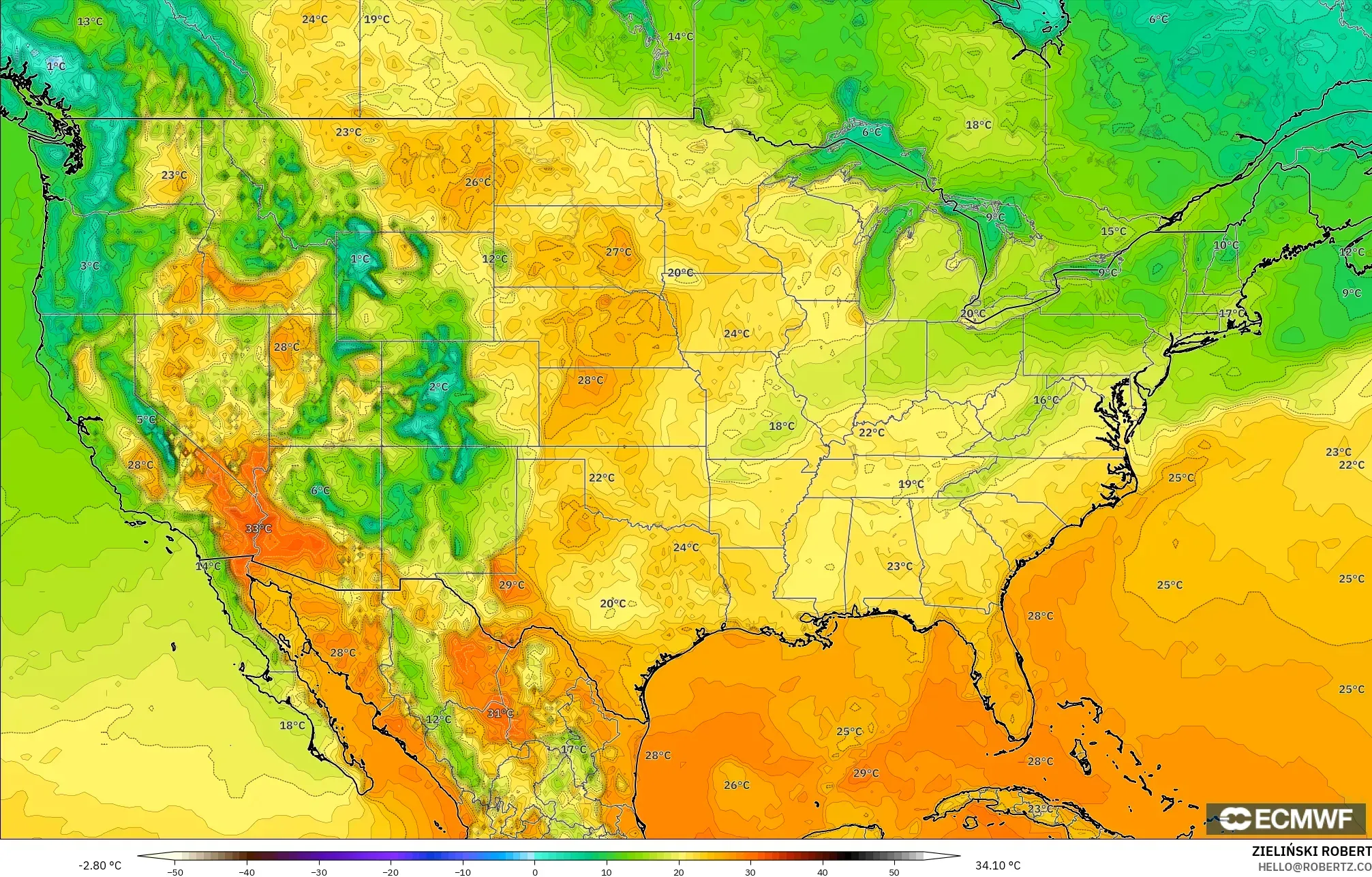 ECMWF IFS 0.25° model - United States, Temperature at 2m