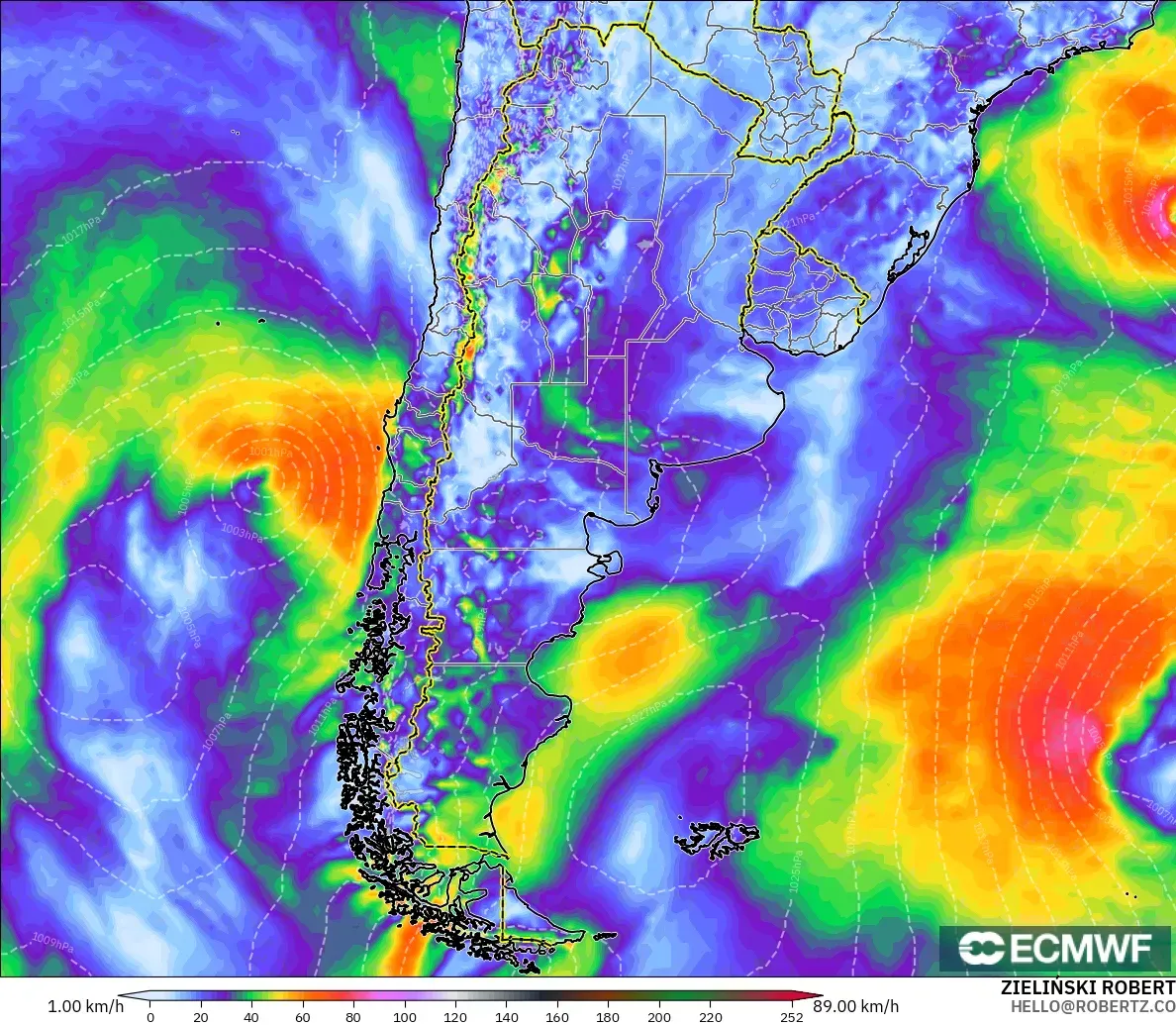 ECMWF IFS 0.25° model - Argentina, Wind Gusts Peak