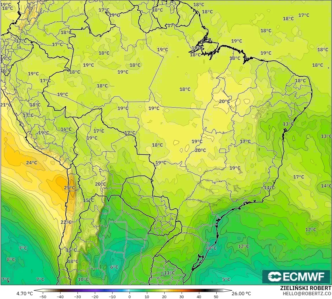 ECMWF IFS 0.25° model - Brazil, Temperature at 850hPa