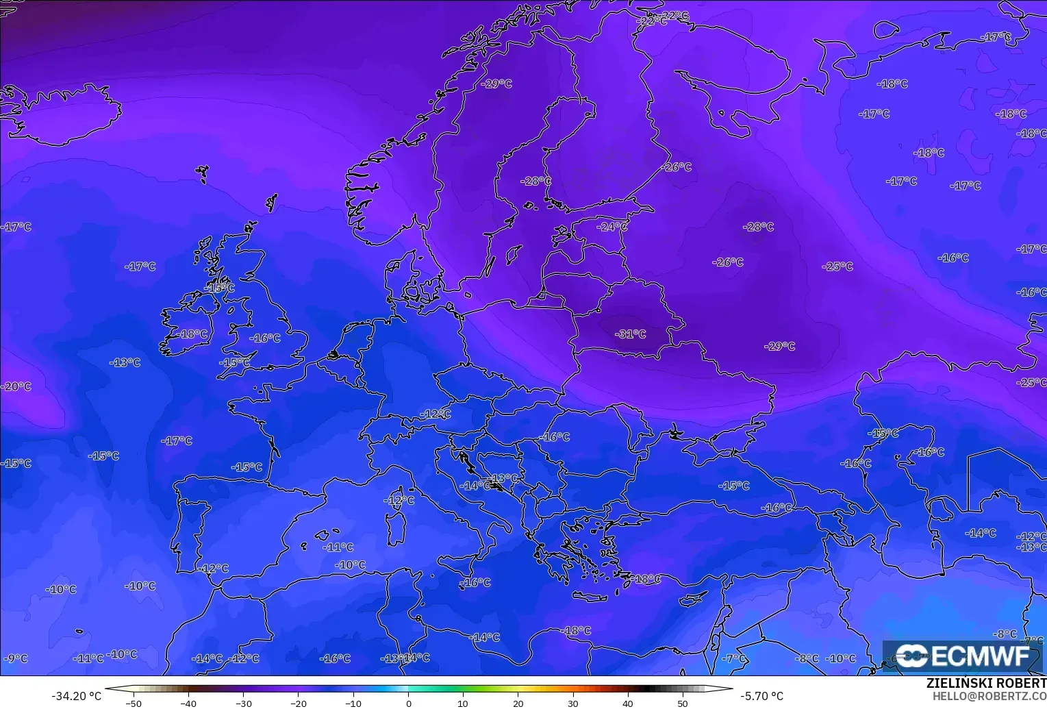 ECMWF IFS 0.25° model - Europe, Temperature at 500hPa