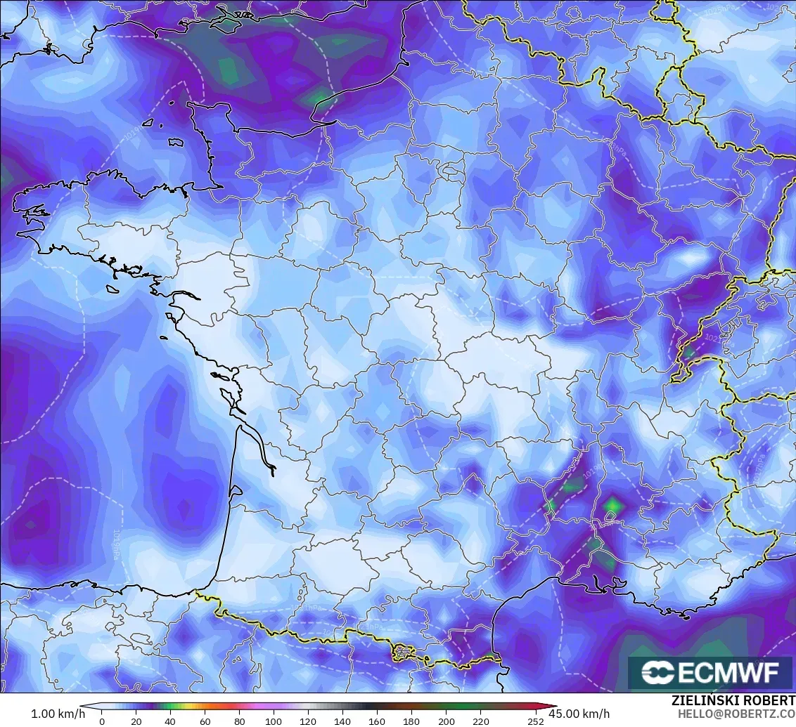 ECMWF IFS 0.25° model - France, Wind Gusts Peak