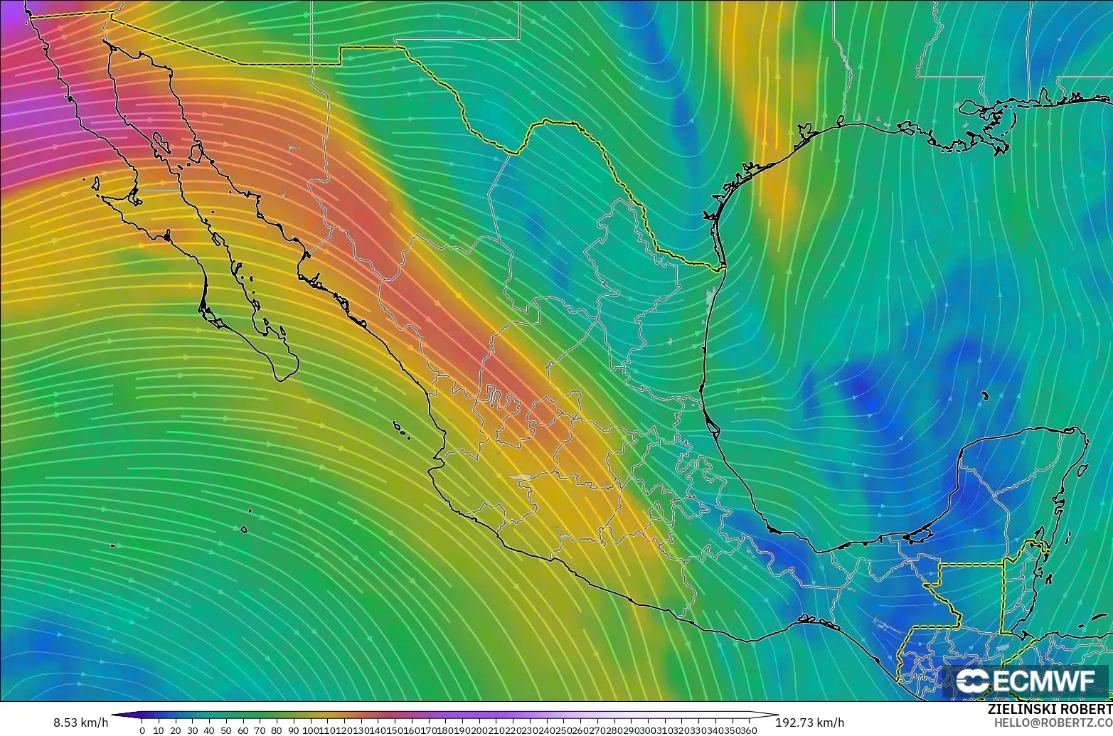 ECMWF IFS 0.25° model - Mexico, Wind at 300hPa (jet stream)