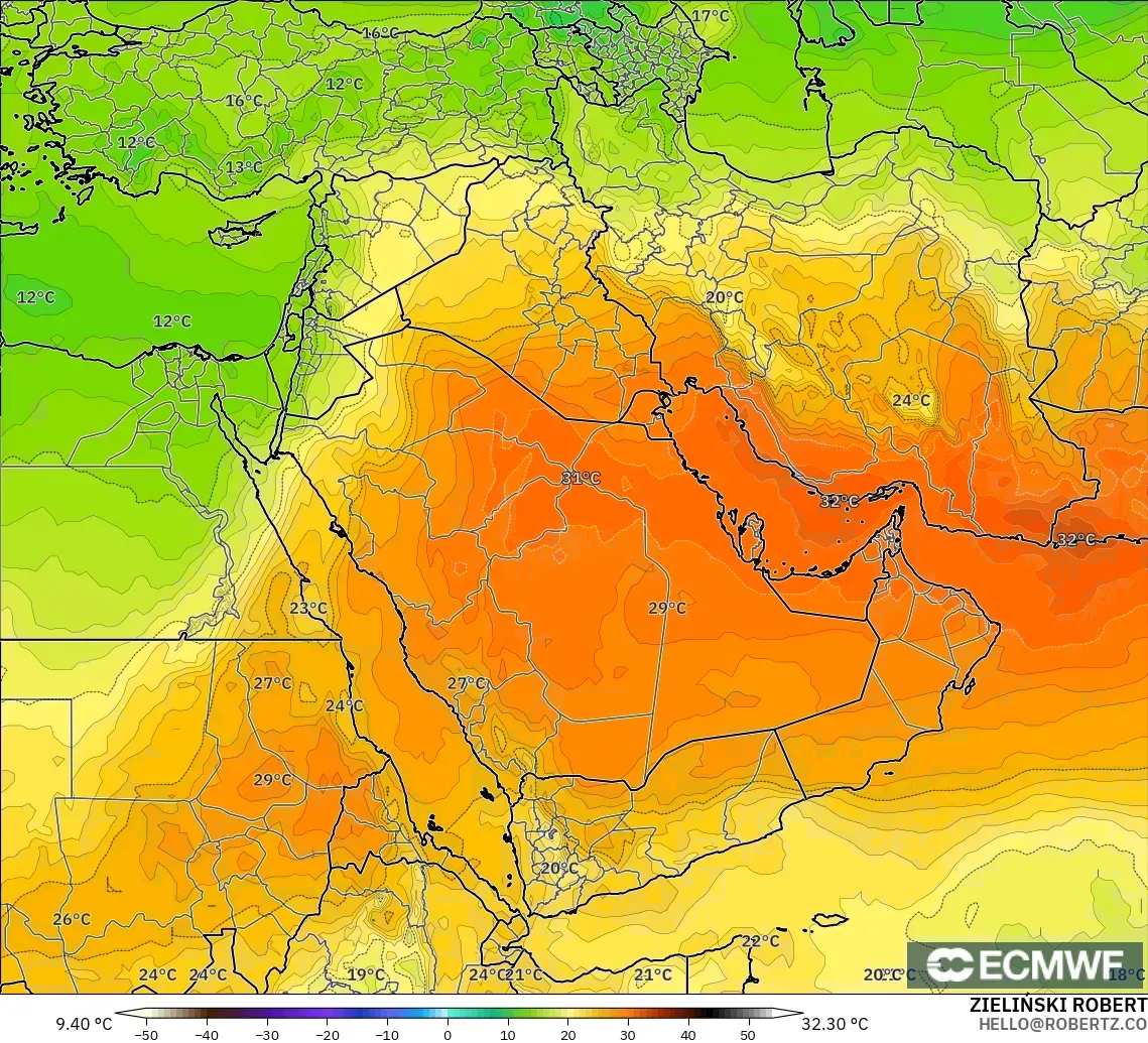 ECMWF IFS 0.25° model - Middle East, Temperature at 850hPa