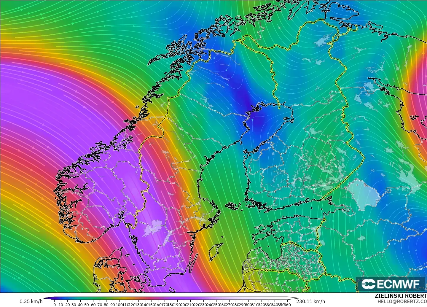 ECMWF IFS 0.25° model - Scandinavia, Wind at 300hPa (jet stream)