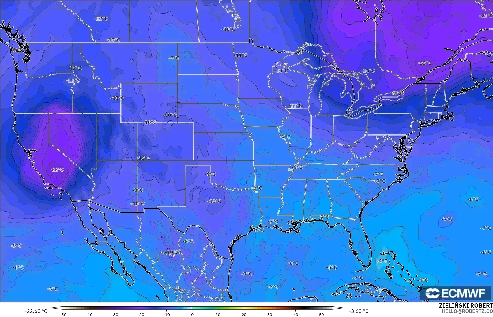 ECMWF IFS 0.25° model - United States, Temperature at 500hPa