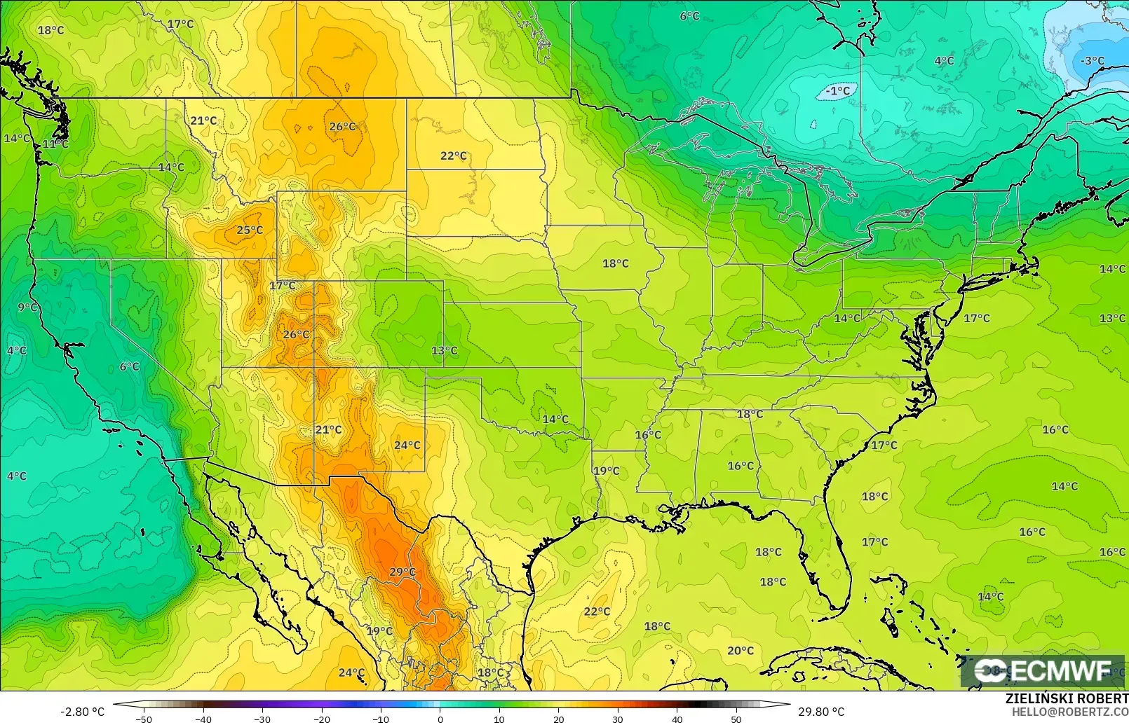 ECMWF IFS 0.25° model - United States, Temperature at 850hPa