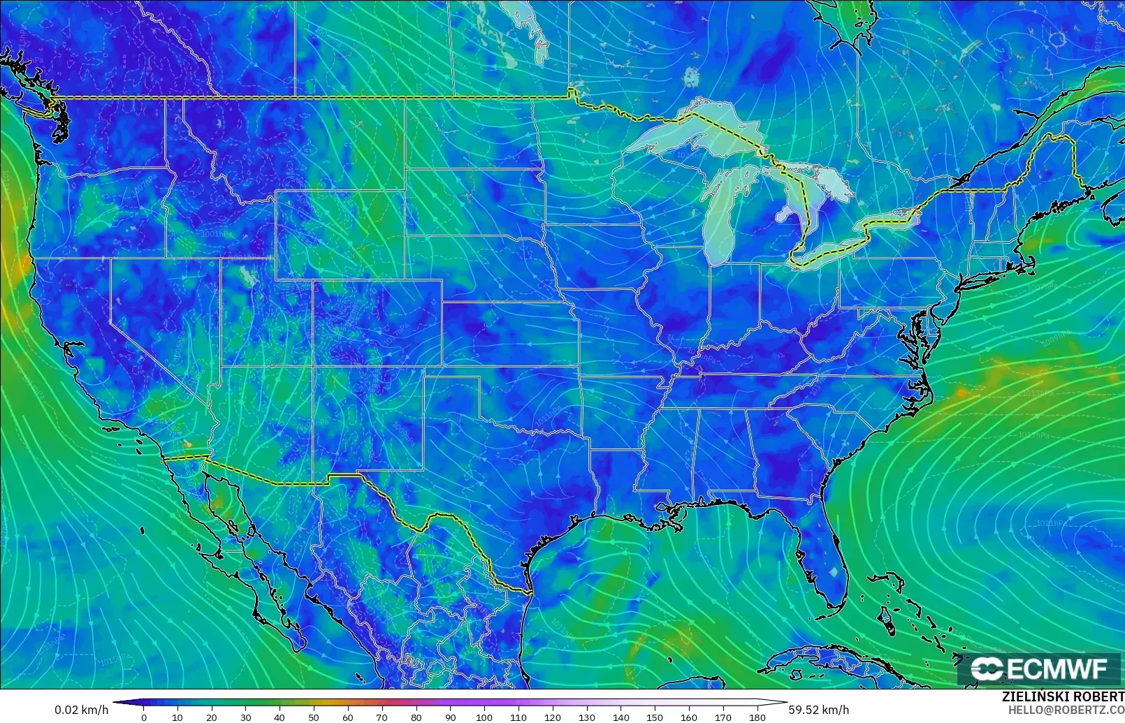 ECMWF IFS 0.25° model - United States, Wind at 10m