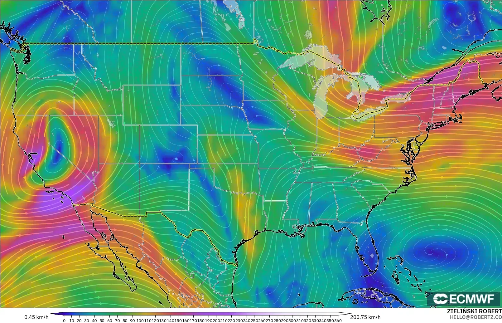 ECMWF IFS 0.25° model - United States, Wind at 300hPa (jet stream)