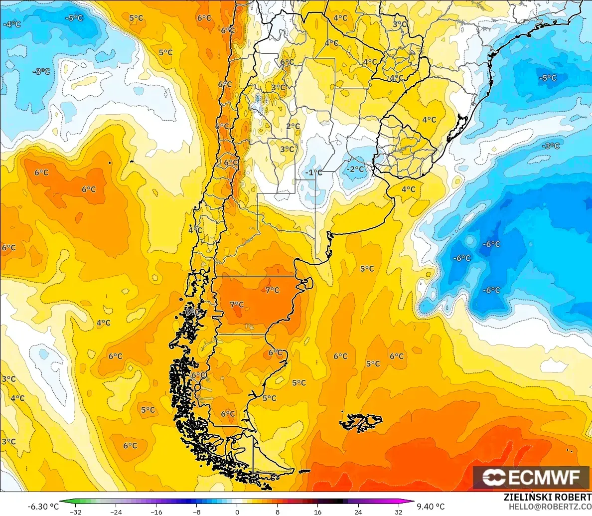 ECMWF IFS 0.25° model - Argentina, Temperature at 850hPa Anomaly