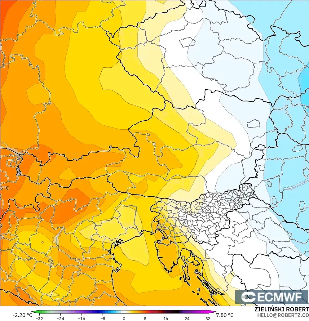 ECMWF IFS 0.25° model - Austria, Temperature at 850hPa Anomaly