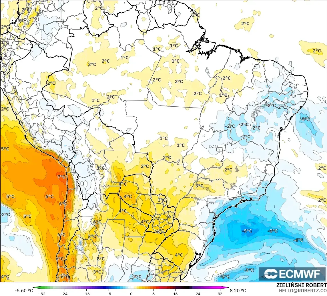 ECMWF IFS 0.25° model - Brazil, Temperature at 850hPa Anomaly