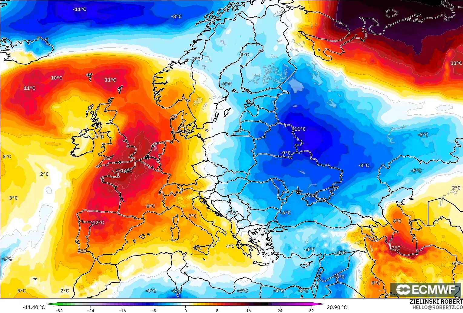 ECMWF IFS 0.25° model - Europe, Temperature at 850hPa Anomaly