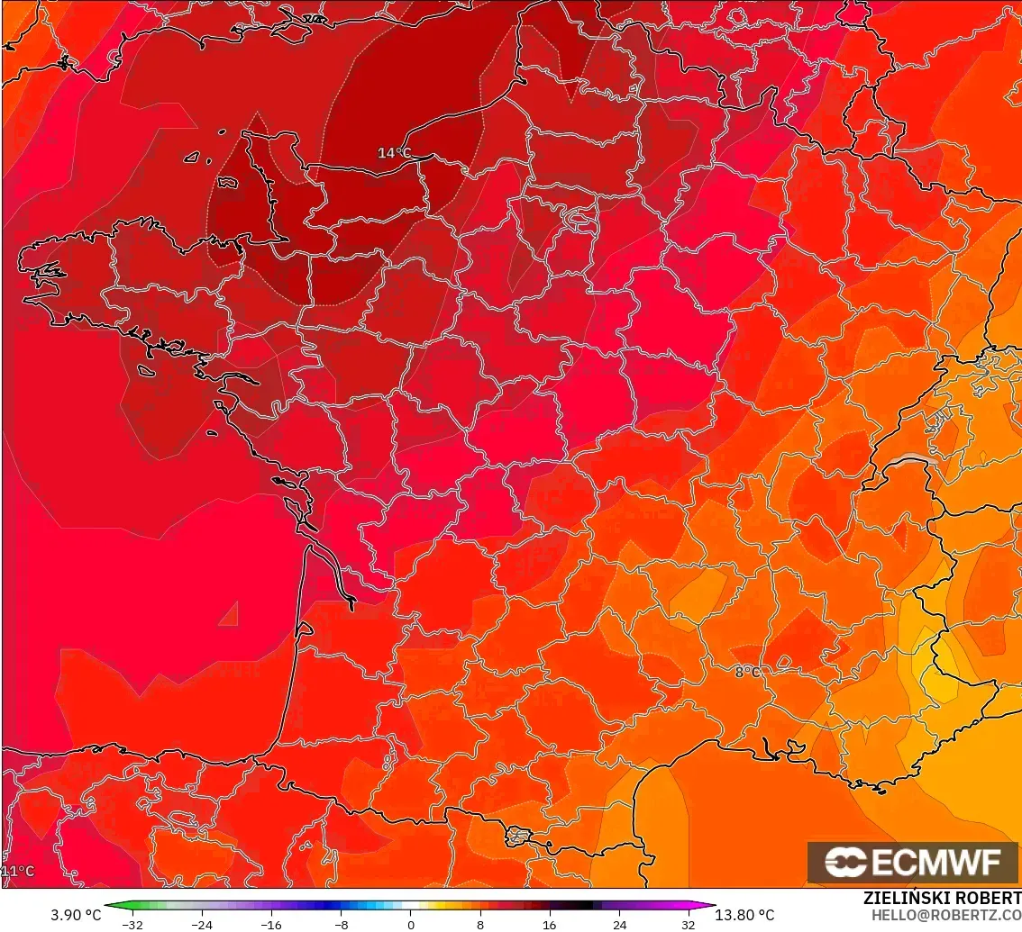 ECMWF IFS 0.25° model - France, Temperature at 850hPa Anomaly