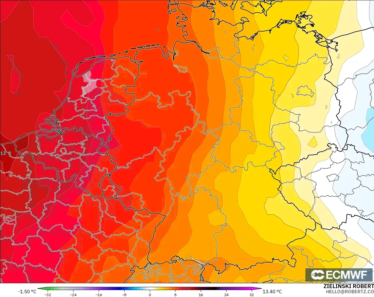 ECMWF IFS 0.25° model - Germany, Temperature at 850hPa Anomaly
