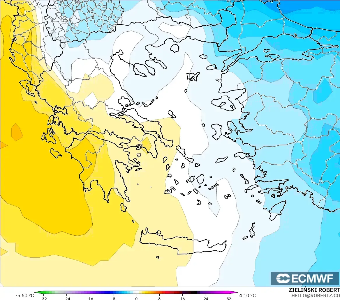 ECMWF IFS 0.25° model - Greece, Temperature at 850hPa Anomaly