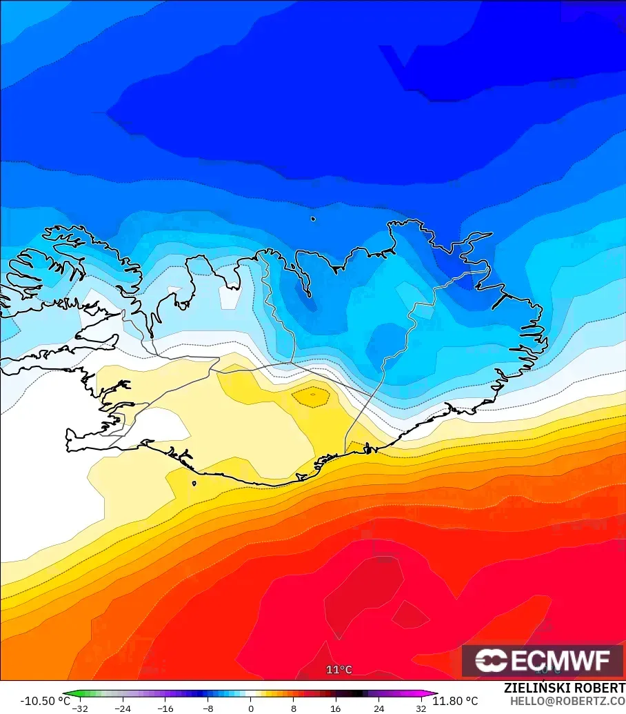 ECMWF IFS 0.25° model - Iceland, Temperature at 850hPa Anomaly