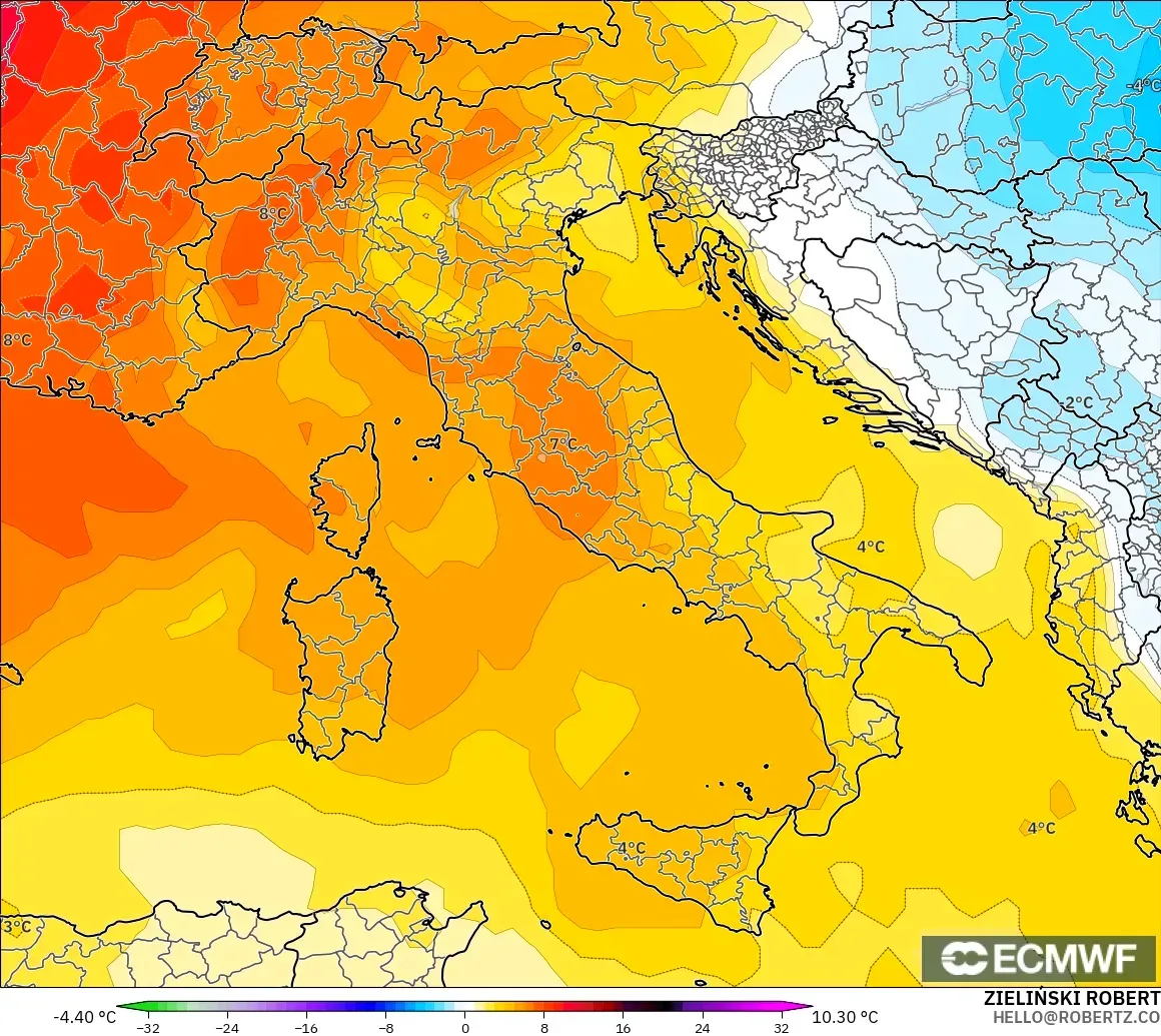 ECMWF IFS 0.25° model - Italy, Temperature at 850hPa Anomaly
