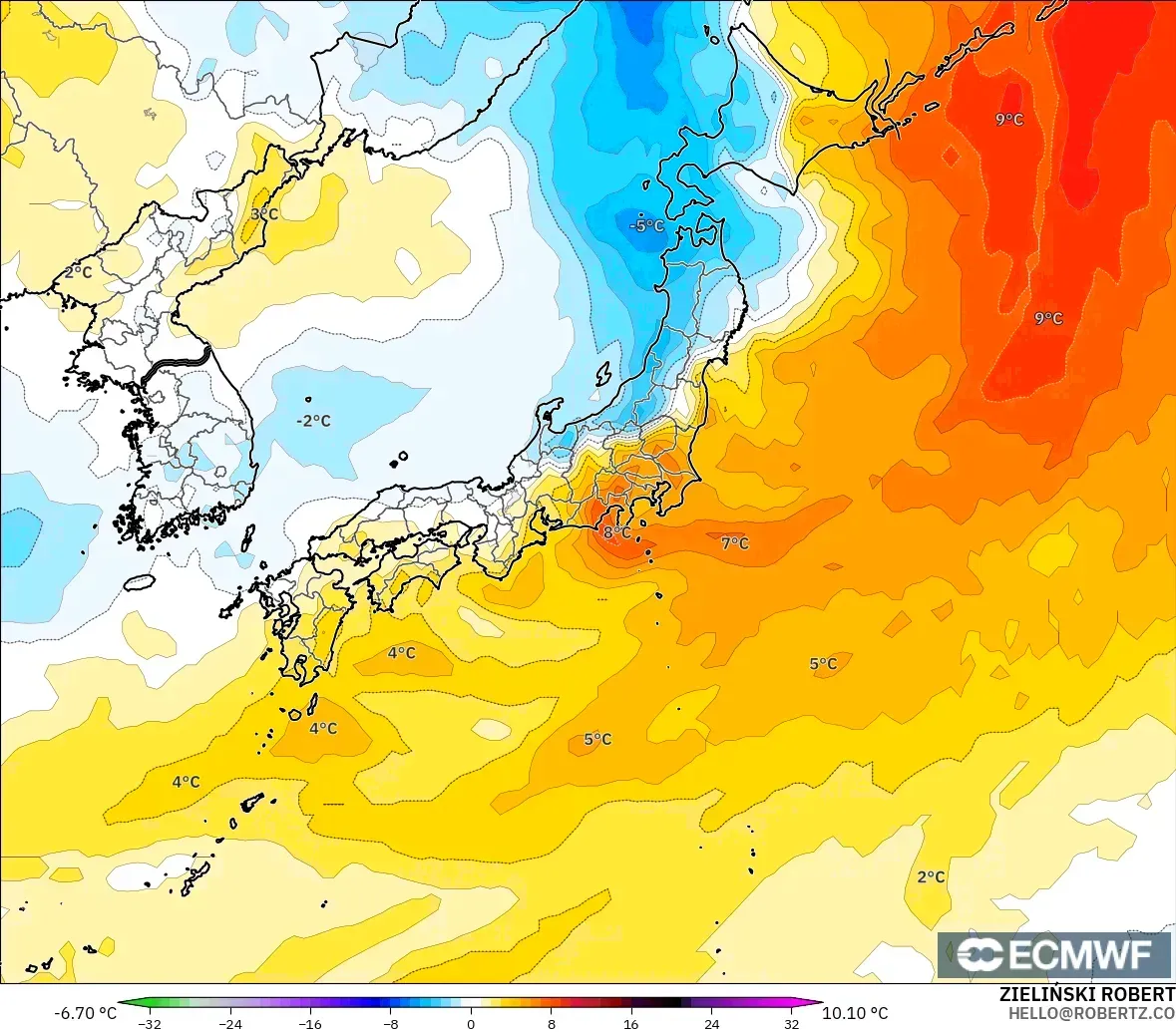 ECMWF IFS 0.25° model - Japan, Temperature at 850hPa Anomaly