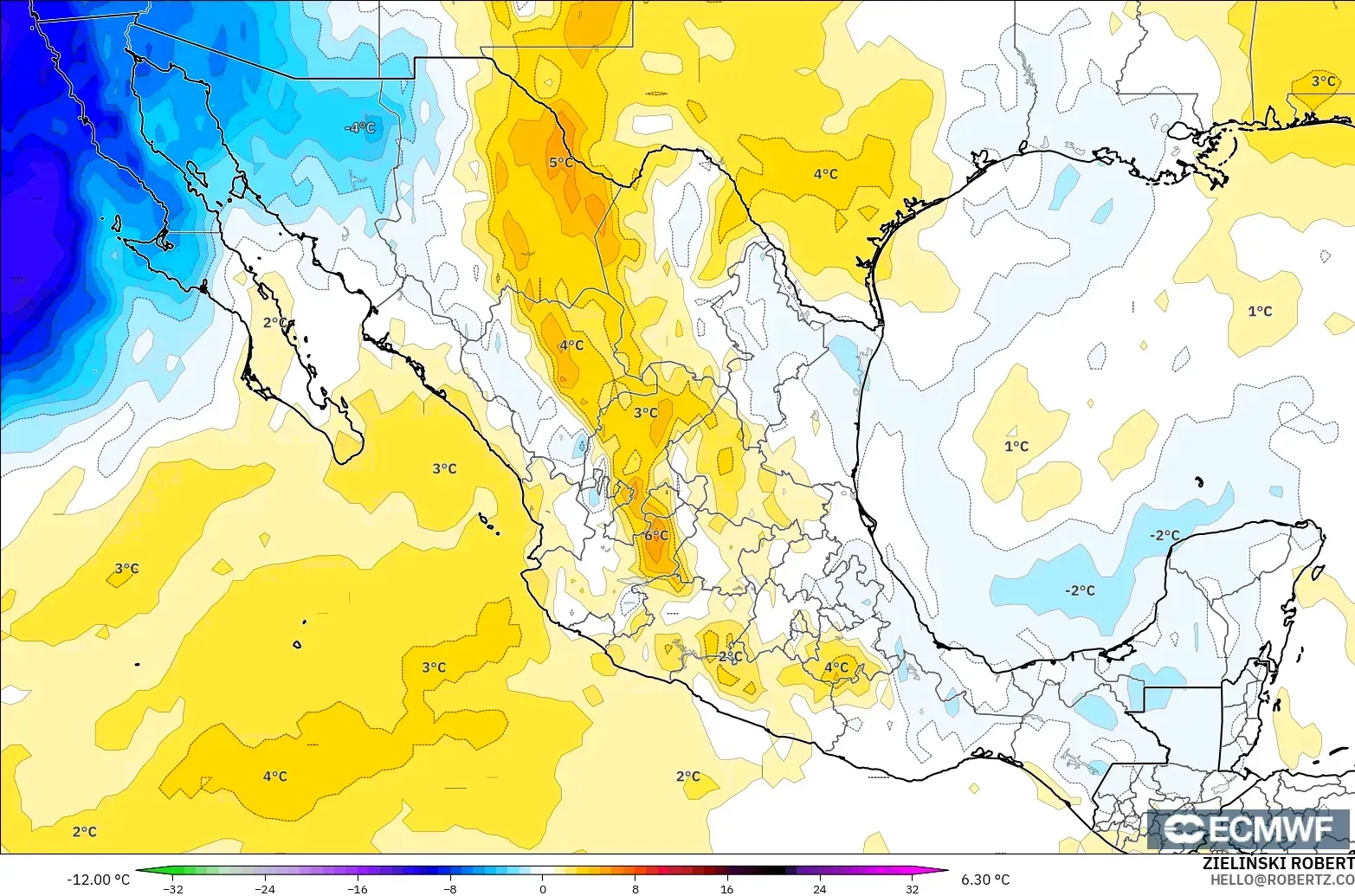 ECMWF IFS 0.25° model - Mexico, Temperature at 850hPa Anomaly
