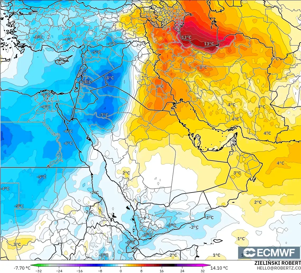 ECMWF IFS 0.25° model - Middle East, Temperature at 850hPa Anomaly