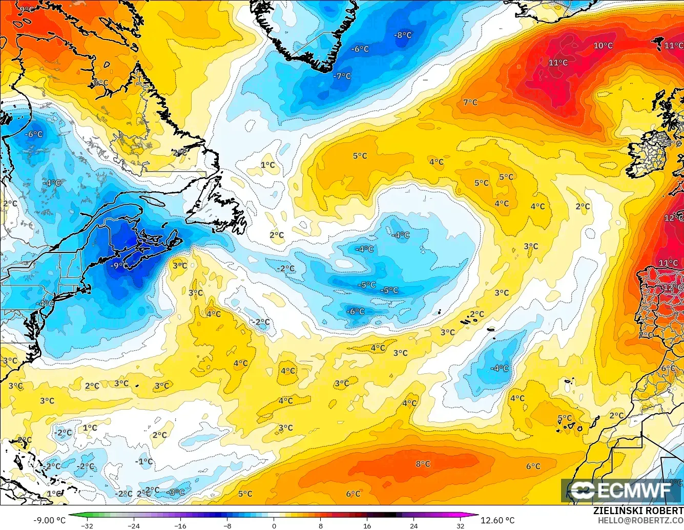 ECMWF IFS 0.25° model - North Atlantic, Temperature at 850hPa Anomaly