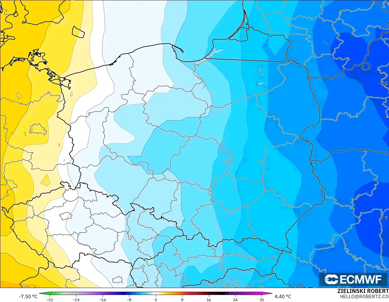 ECMWF IFS 0.25° model - Poland, Temperature at 850hPa Anomaly