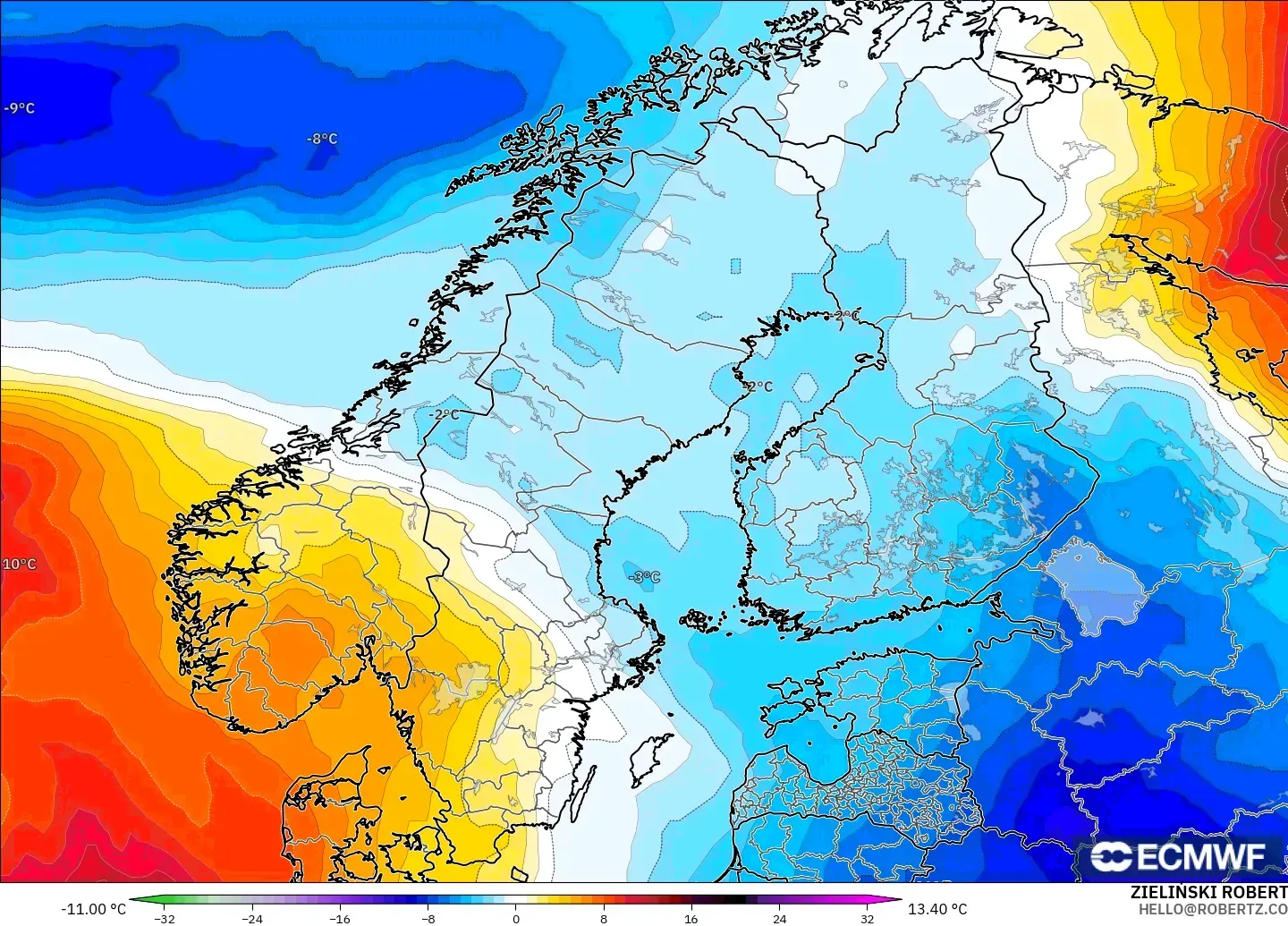 ECMWF IFS 0.25° model - Scandinavia, Temperature at 850hPa Anomaly