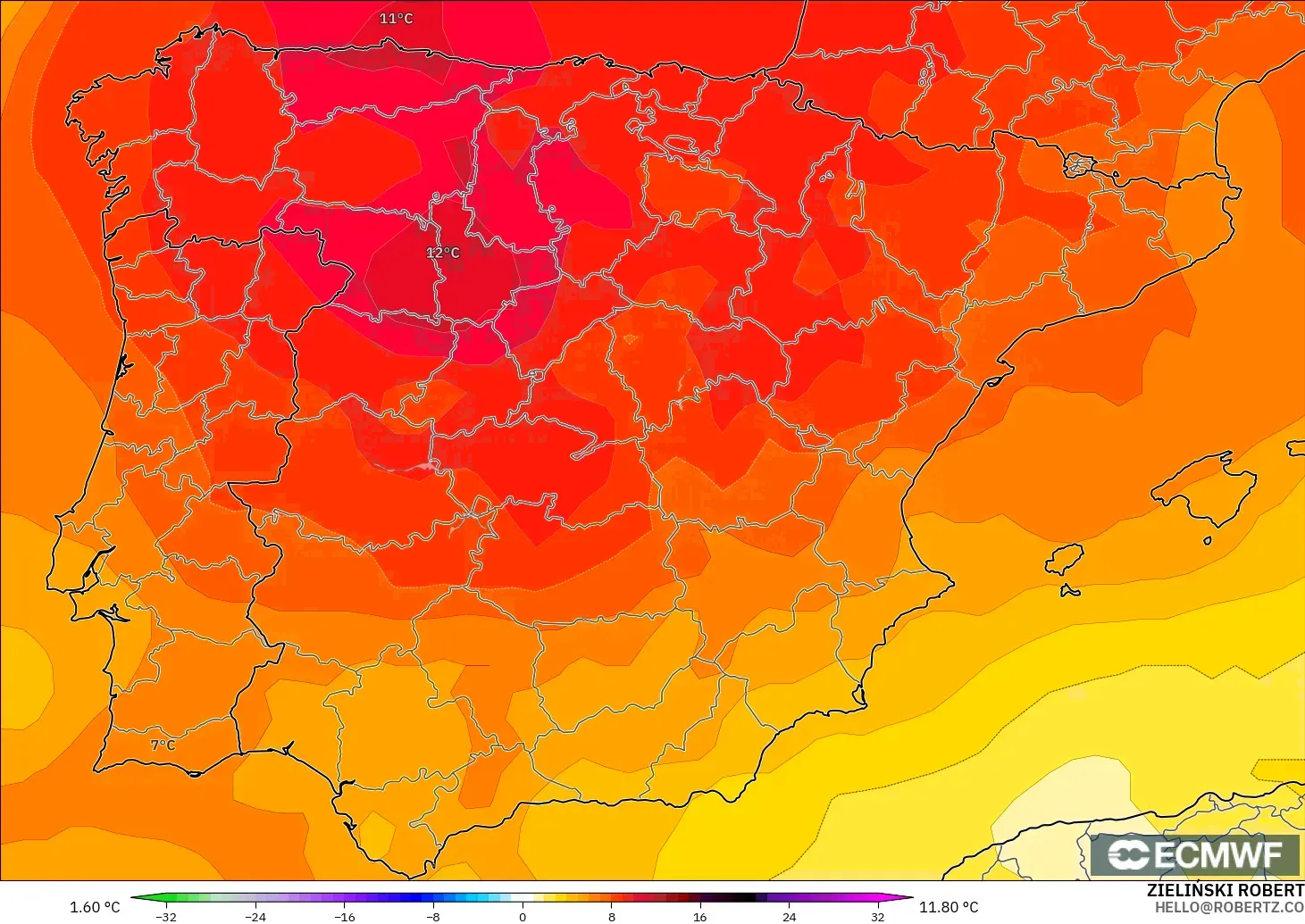 ECMWF IFS 0.25° model - Spain, Temperature at 850hPa Anomaly