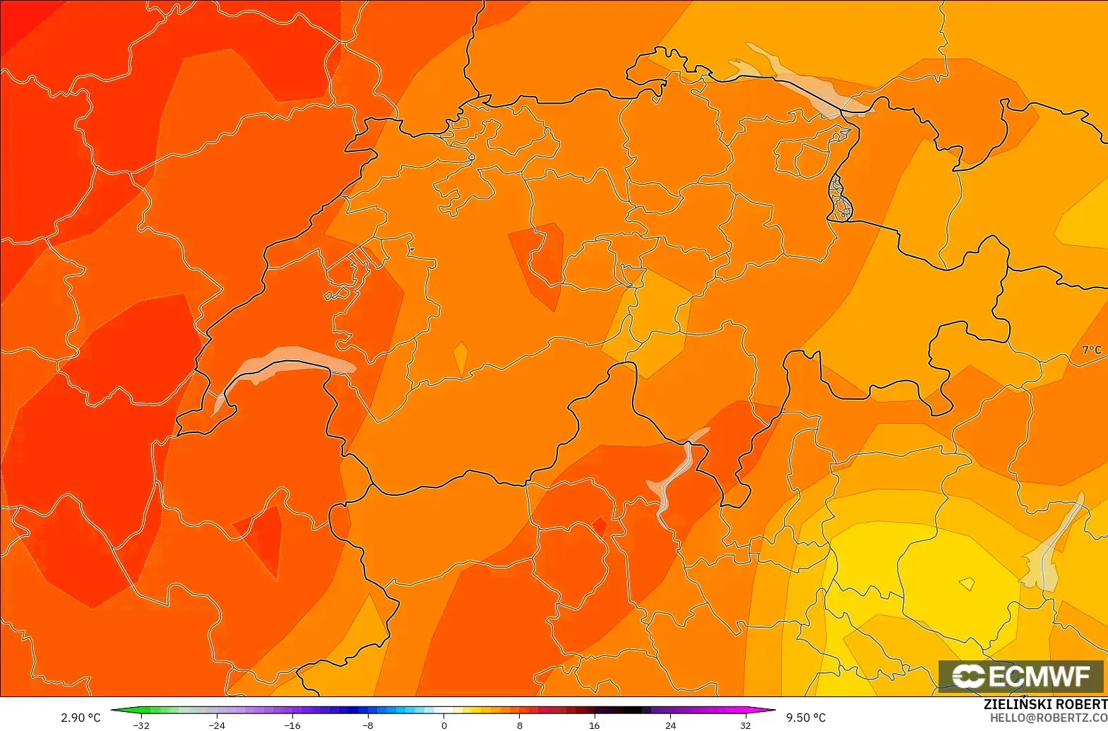 ECMWF IFS 0.25° model - Switzerland, Temperature at 850hPa Anomaly