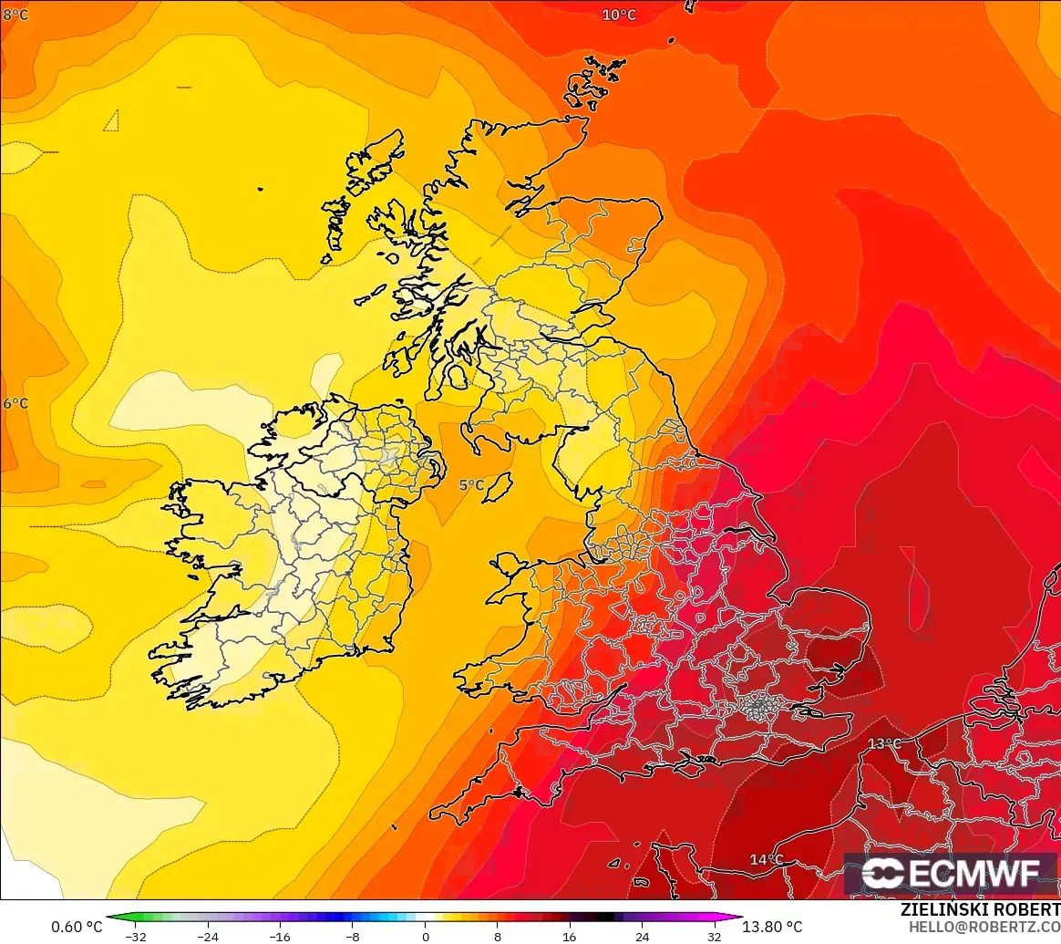 ECMWF IFS 0.25° model - United Kingdom, Temperature at 850hPa Anomaly