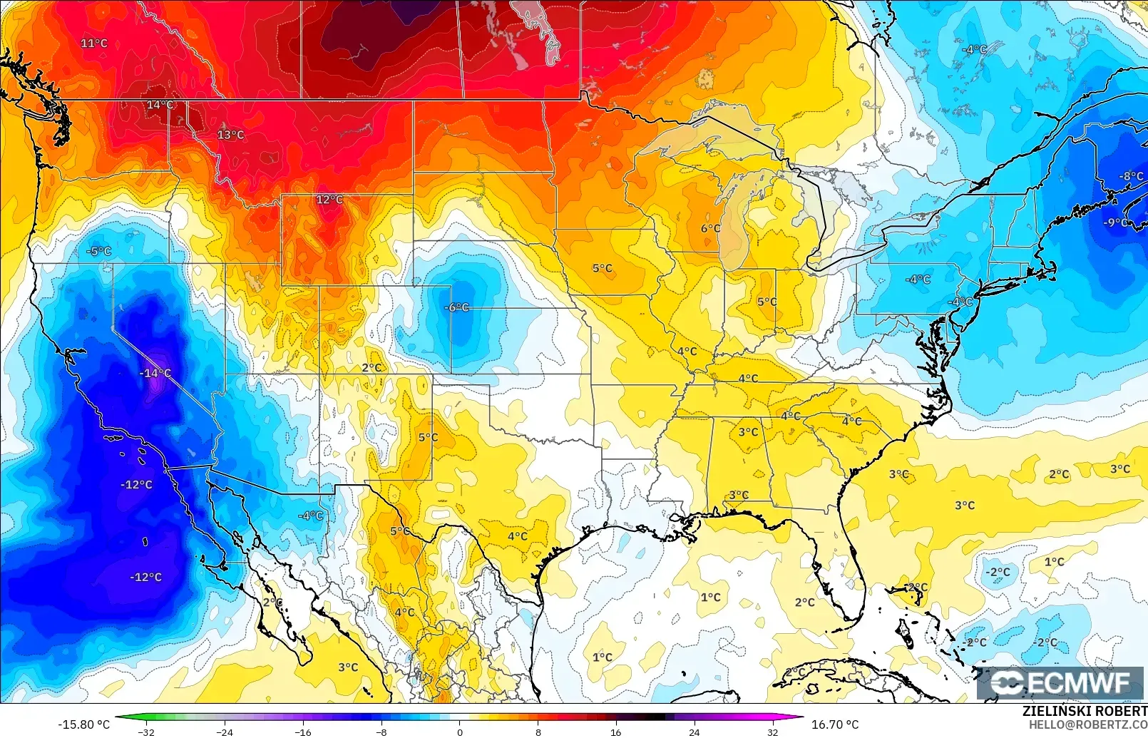 ECMWF IFS 0.25° model - United States, Temperature at 850hPa Anomaly