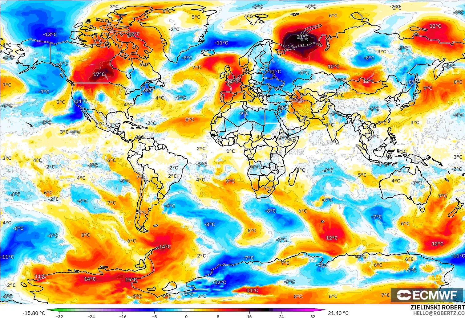 ECMWF IFS 0.25° model - World, Temperature at 850hPa Anomaly