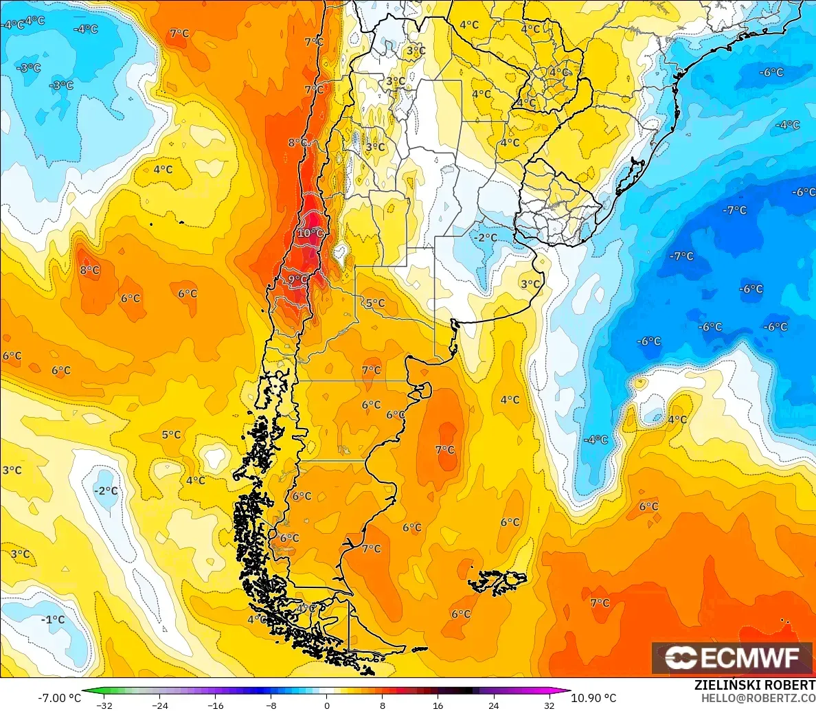 ECMWF IFS 0.25° model - Argentina, Temperature at 850hPa Anomaly