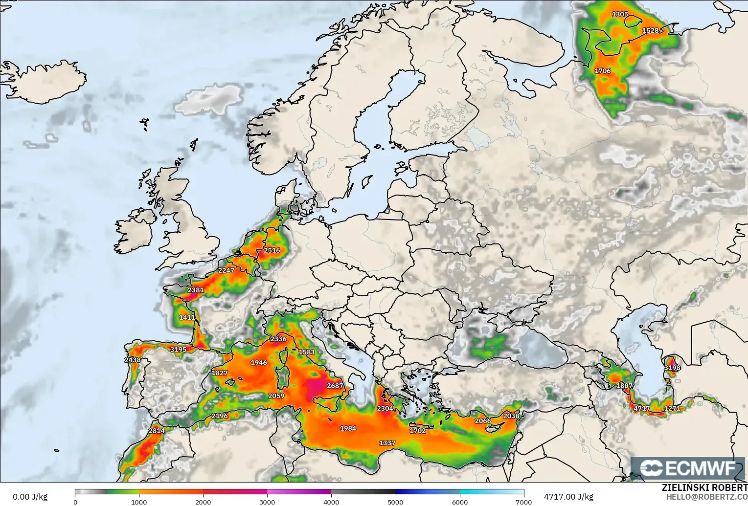 ECMWF IFS 0.25° model - Europe, CAPE