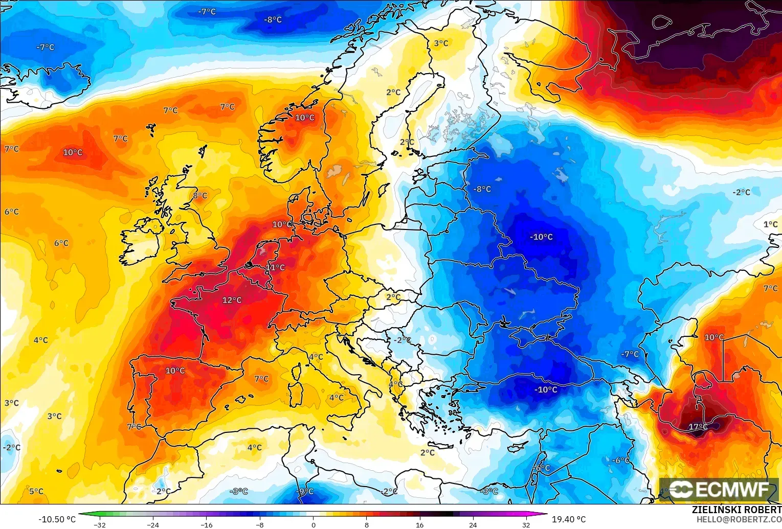 ECMWF IFS 0.25° model - Europe, Temperature at 850hPa Anomaly