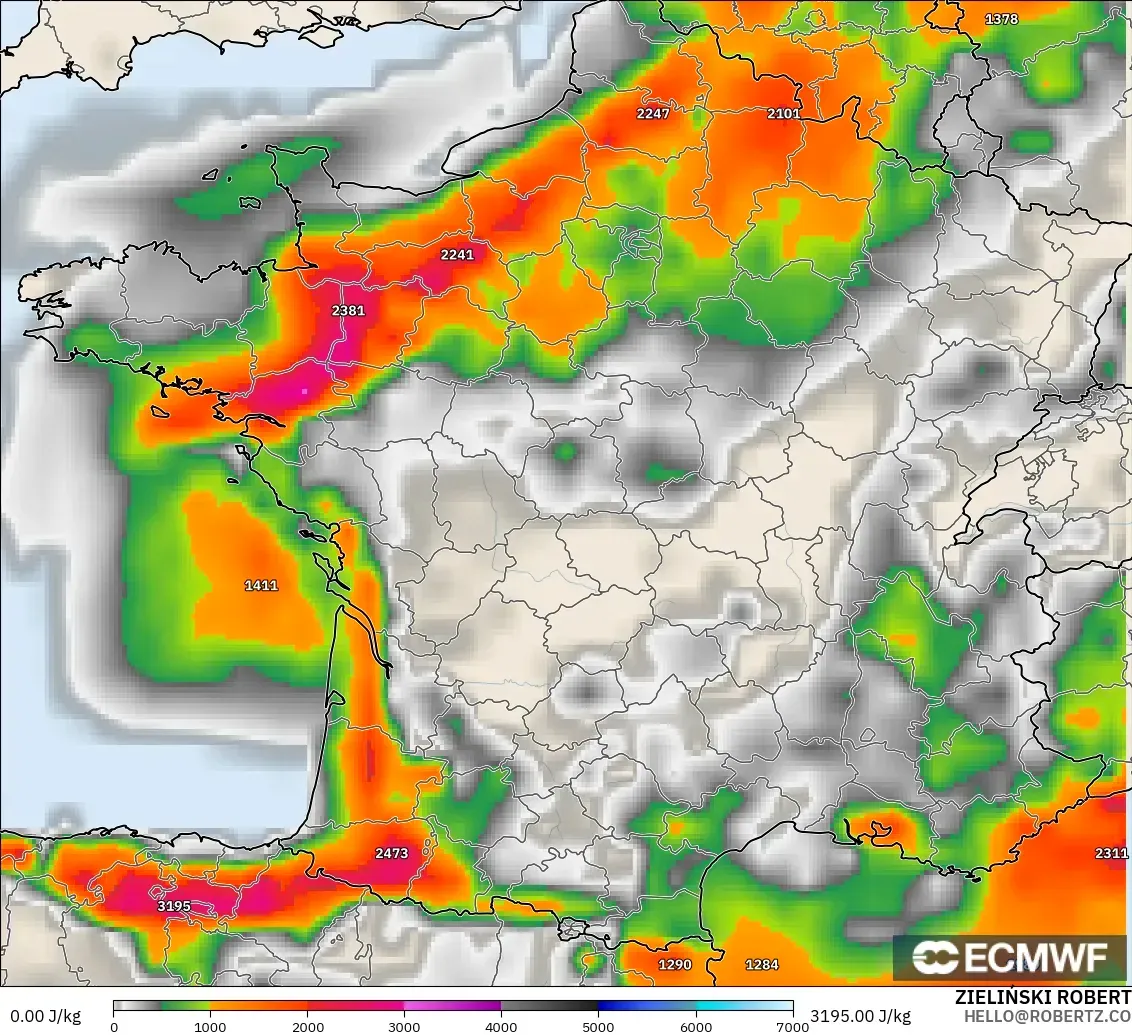 ECMWF IFS 0.25° model - France, CAPE