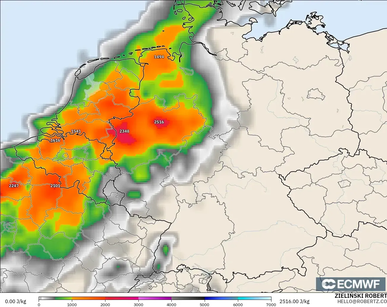 ECMWF IFS 0.25° model - Germany, CAPE