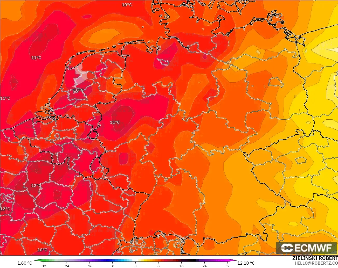ECMWF IFS 0.25° model - Germany, Temperature at 850hPa Anomaly