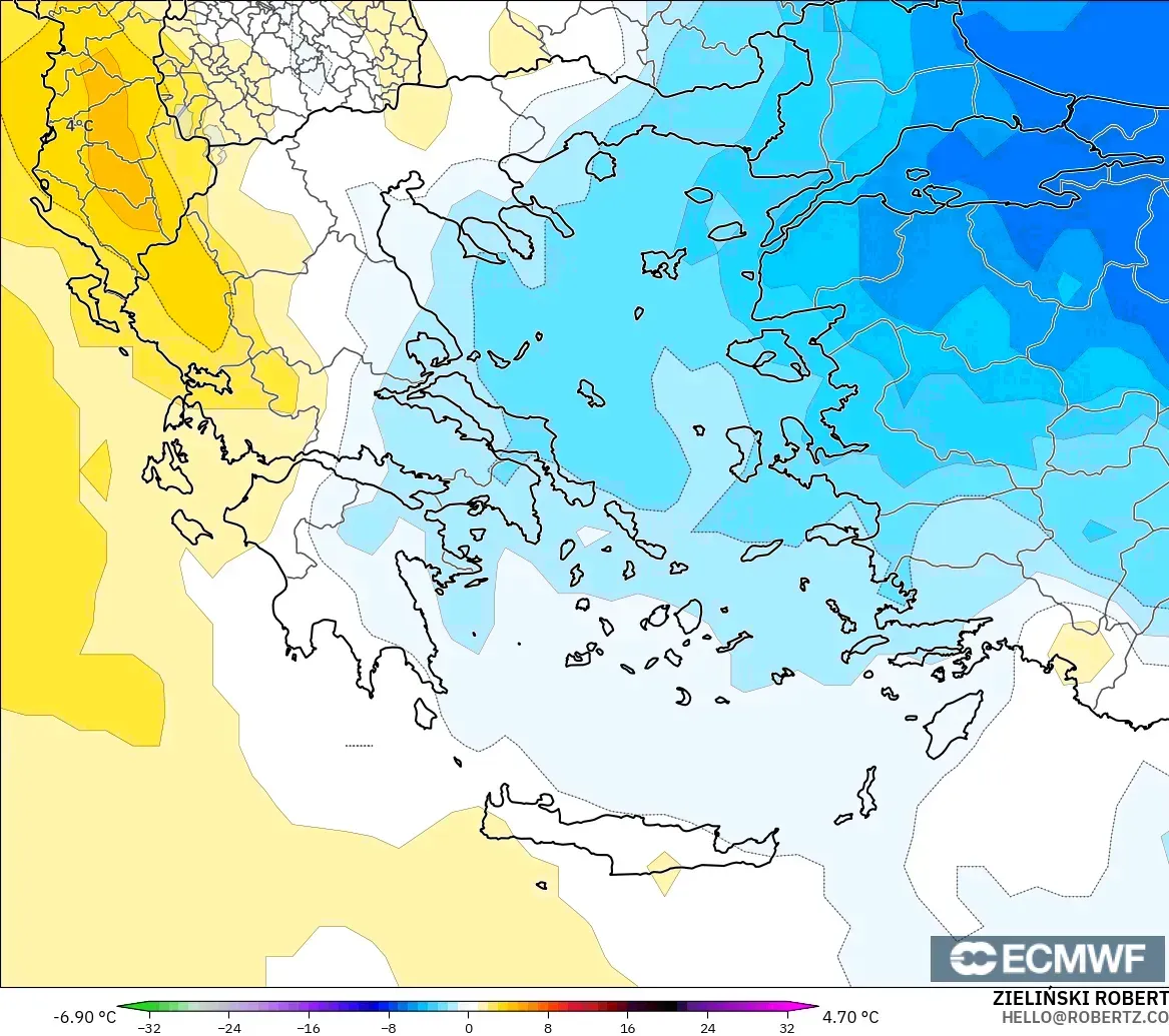 ECMWF IFS 0.25° model - Greece, Temperature at 850hPa Anomaly