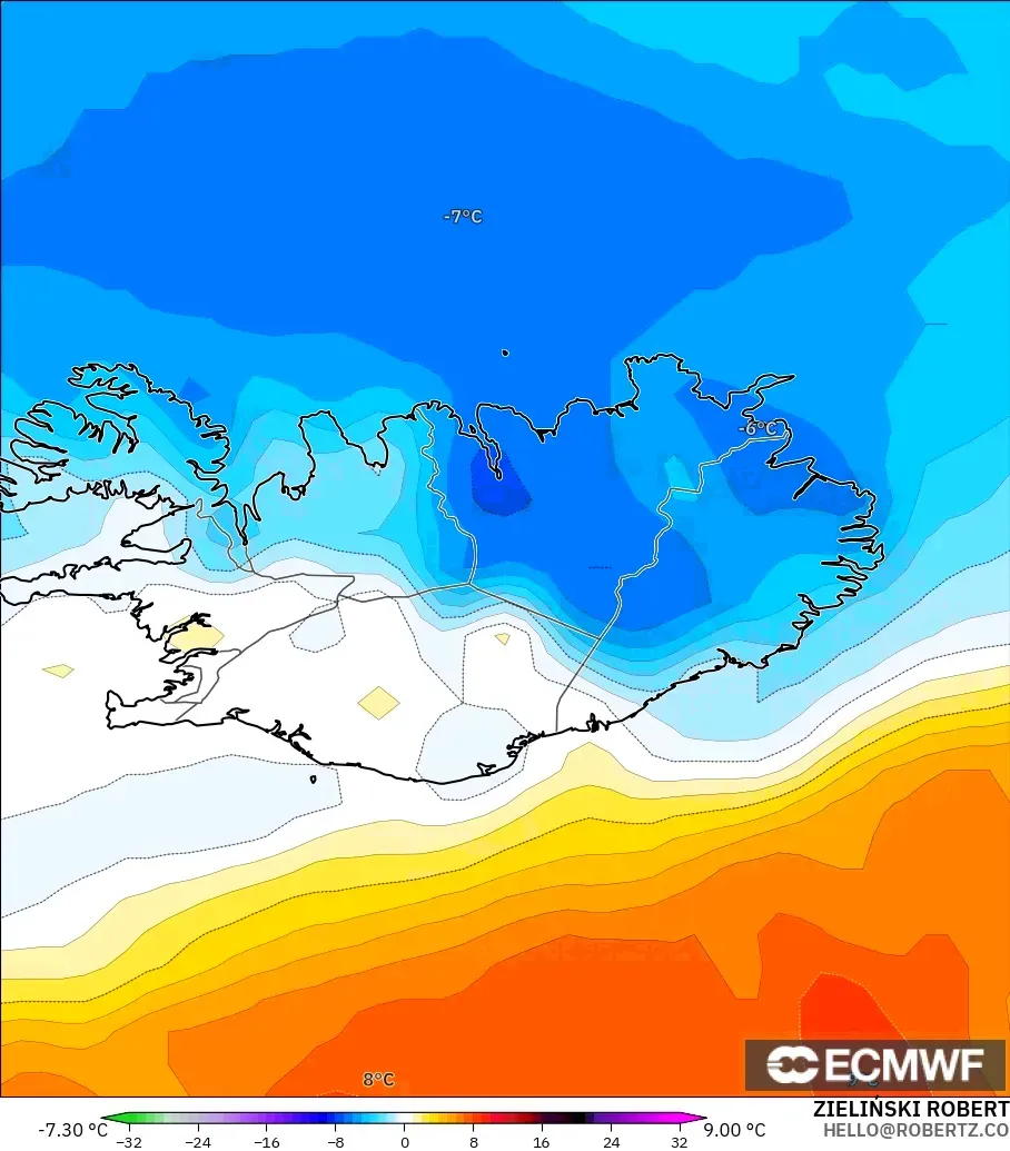 ECMWF IFS 0.25° model - Iceland, Temperature at 850hPa Anomaly