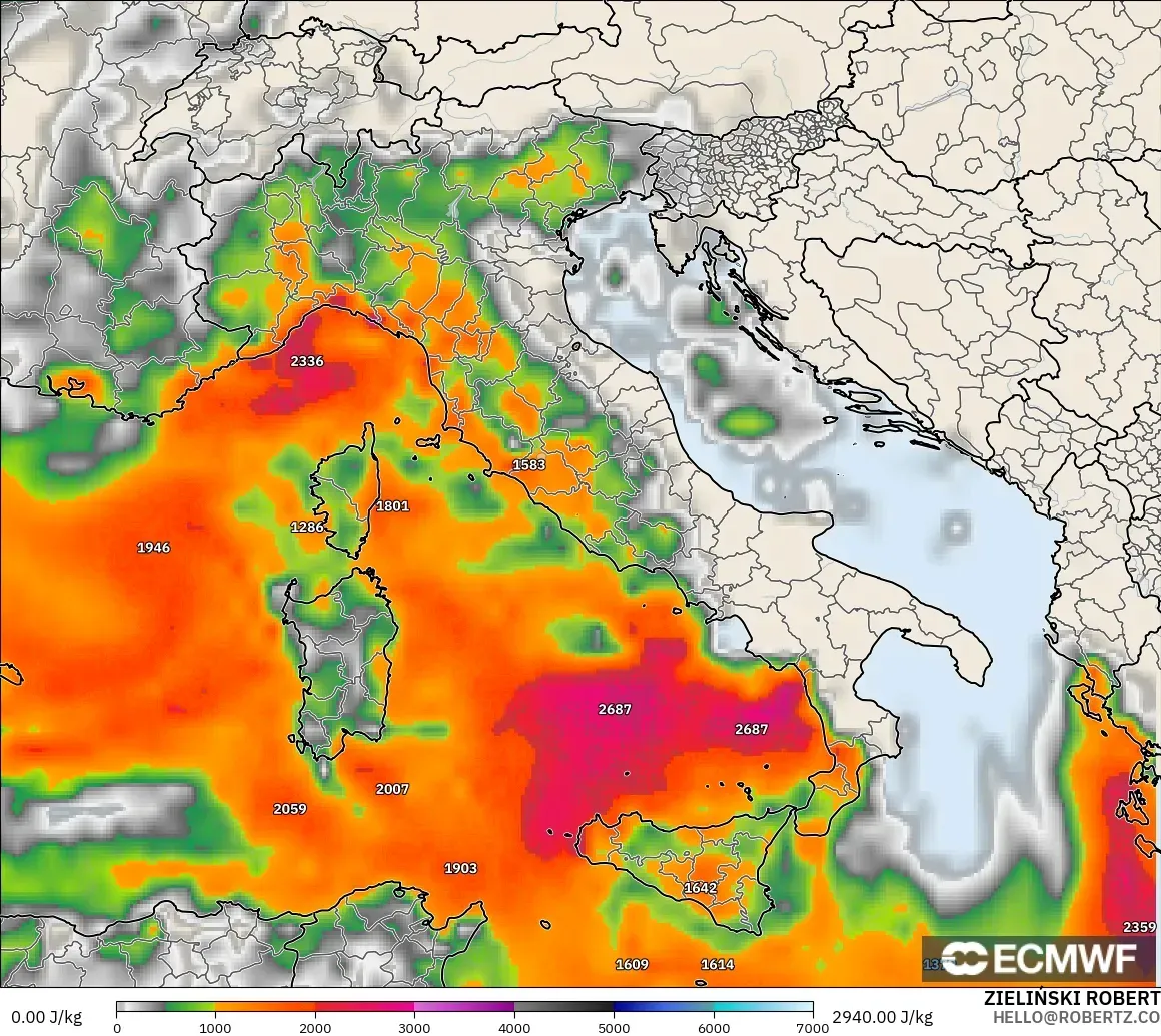 ECMWF IFS 0.25° model - Italy, CAPE