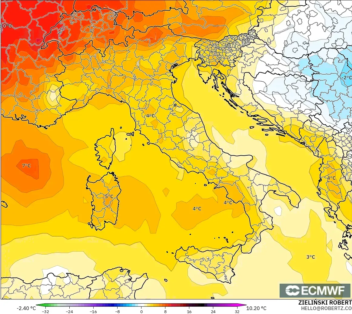 ECMWF IFS 0.25° model - Italy, Temperature at 850hPa Anomaly