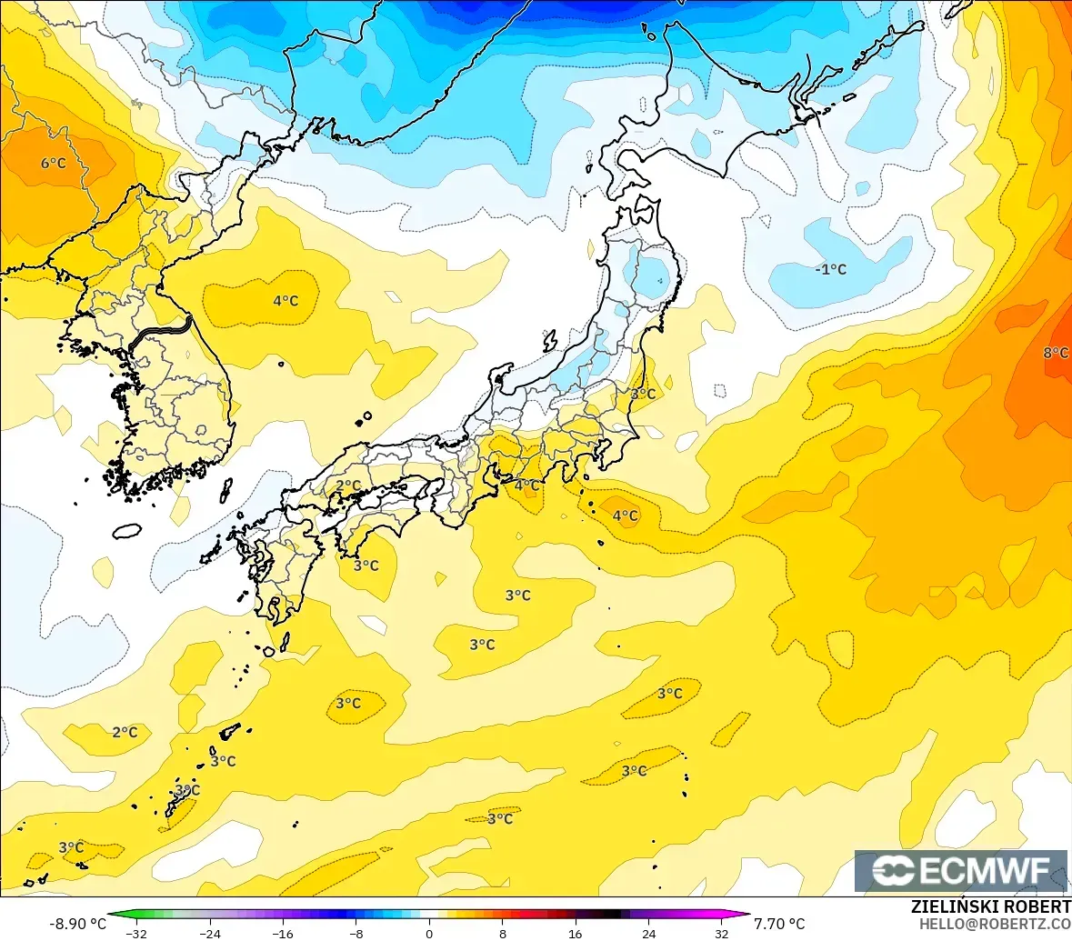 ECMWF IFS 0.25° model - Japan, Temperature at 850hPa Anomaly