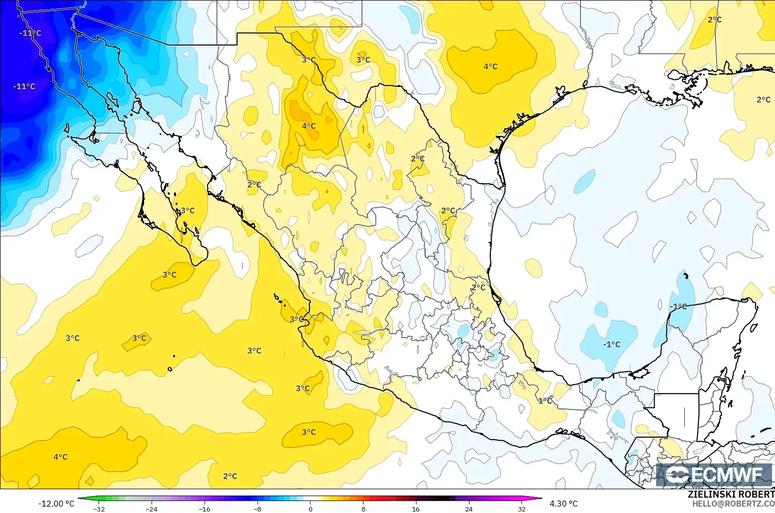 ECMWF IFS 0.25° model - Mexico, Temperature at 850hPa Anomaly