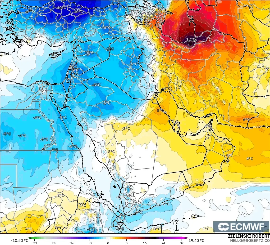ECMWF IFS 0.25° model - Middle East, Temperature at 850hPa Anomaly