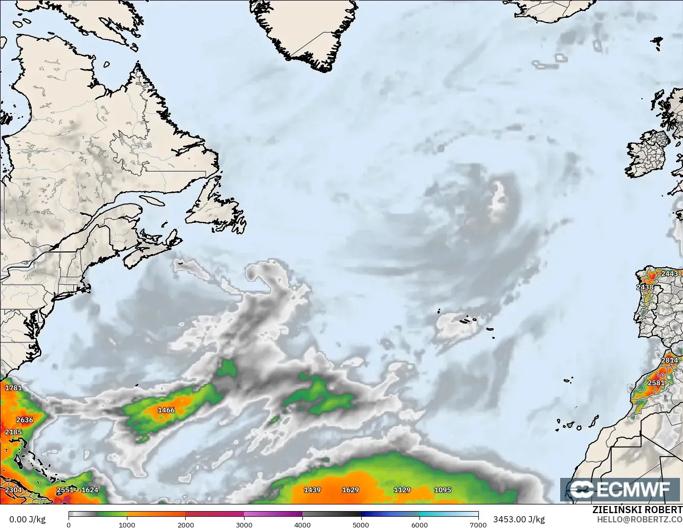 ECMWF IFS 0.25° model - North Atlantic, CAPE
