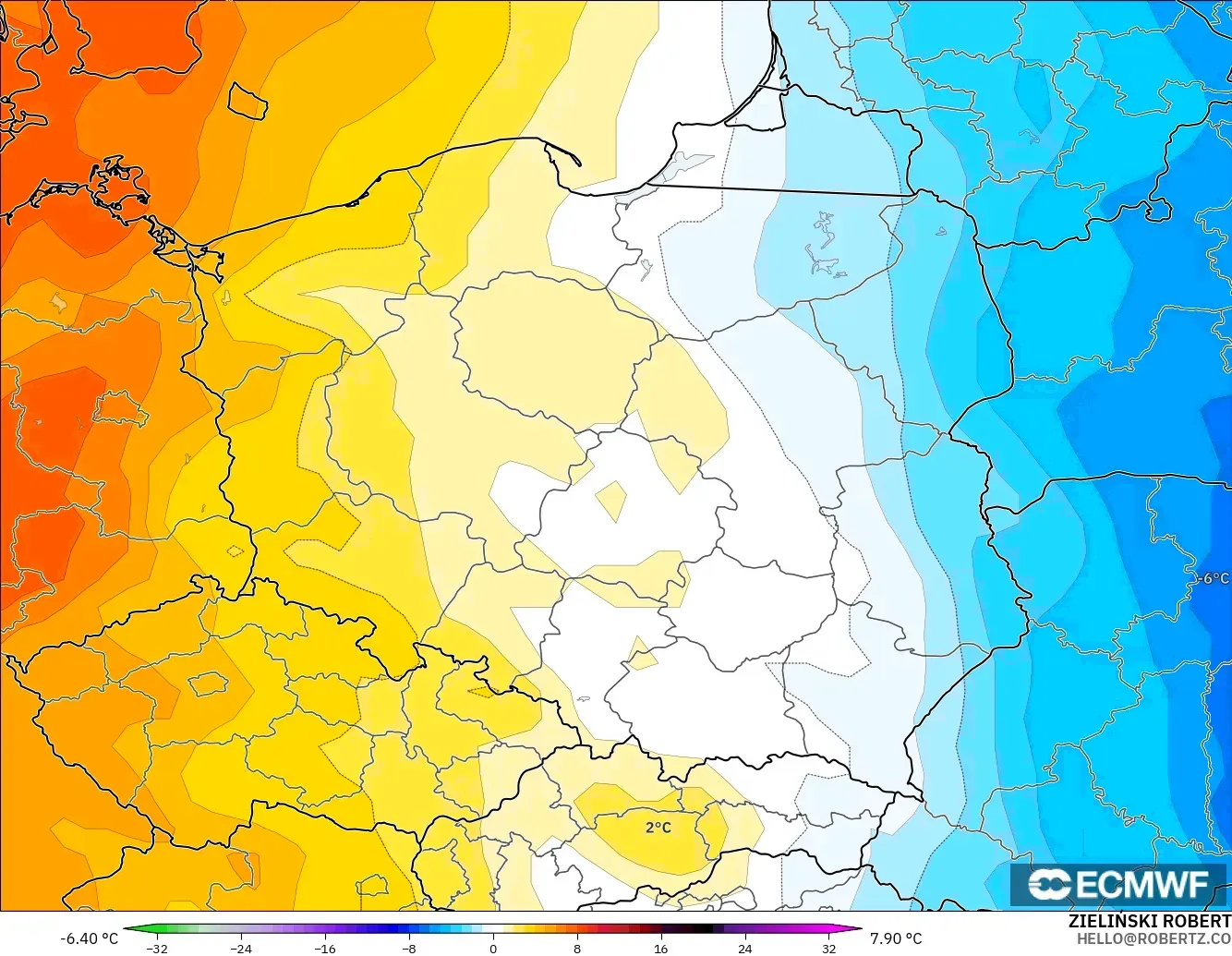 ECMWF IFS 0.25° model - Poland, Temperature at 850hPa Anomaly