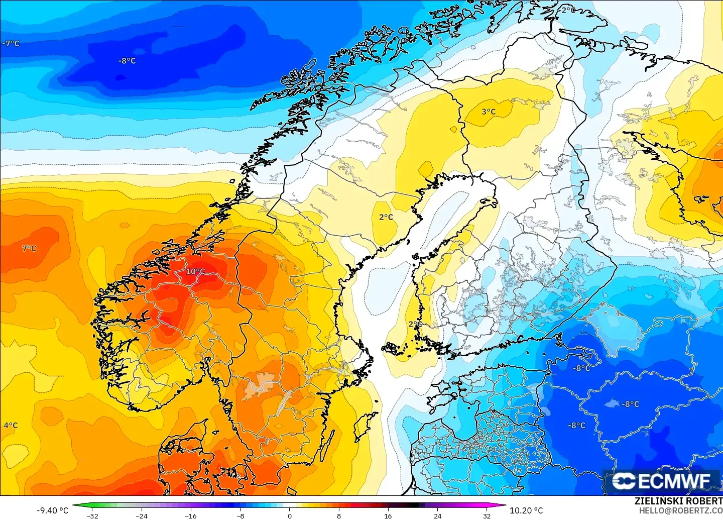 ECMWF IFS 0.25° model - Scandinavia, Temperature at 850hPa Anomaly