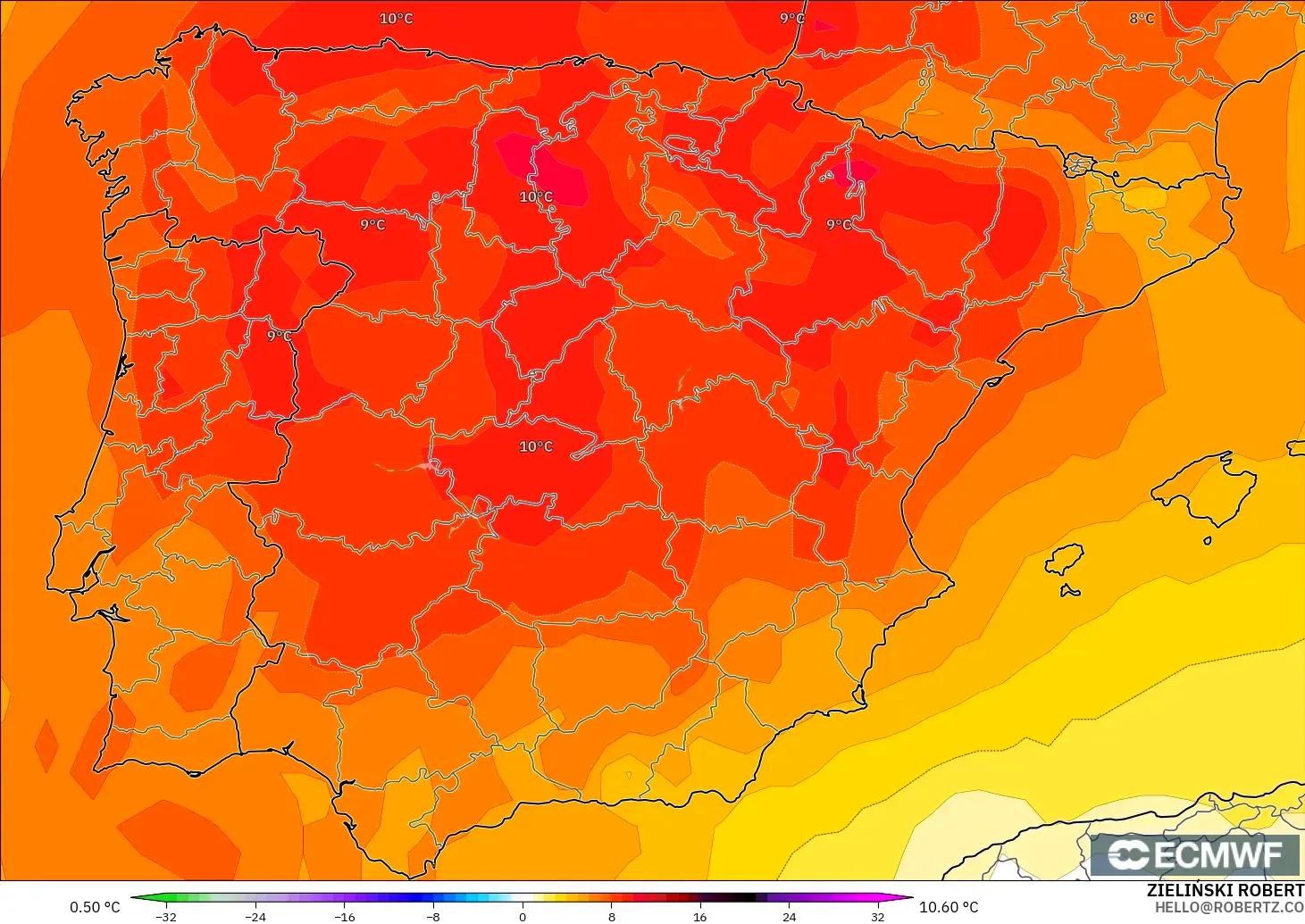 ECMWF IFS 0.25° model - Spain, Temperature at 850hPa Anomaly